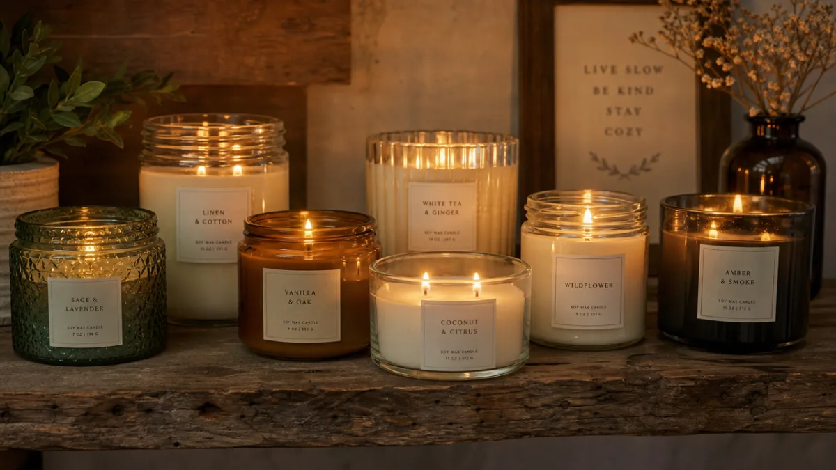 a collection of finished soy wax candles in varied glass jars arranged…