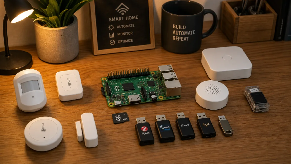 a wooden desk with Raspberry Pi, smart home sensors and USB dongles…