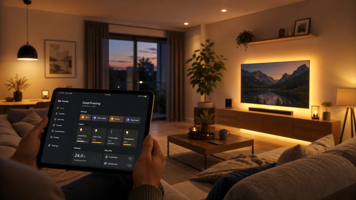 a cozy living room at dusk with smart lights glowing warmly, automation…