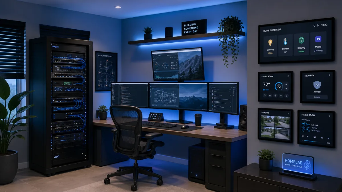 a modern home office setup with network switches, server rack, and multiple…