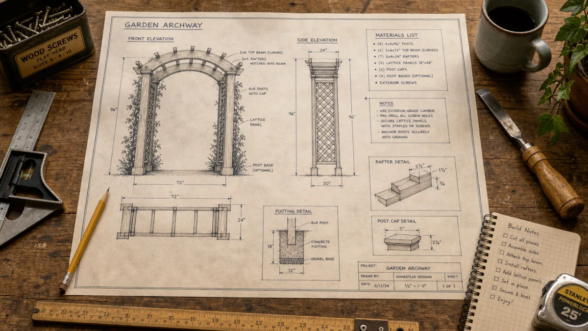 a detailed garden archway blueprint laid flat on a wooden workbench surrounded…