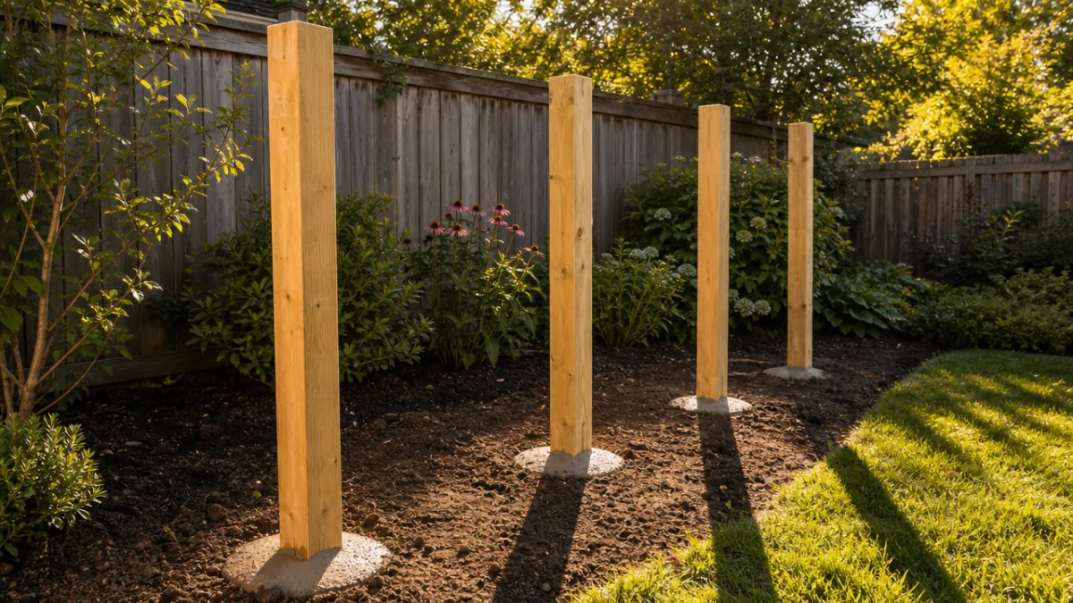 four wooden posts freshly set in concrete in a garden bed, golden…