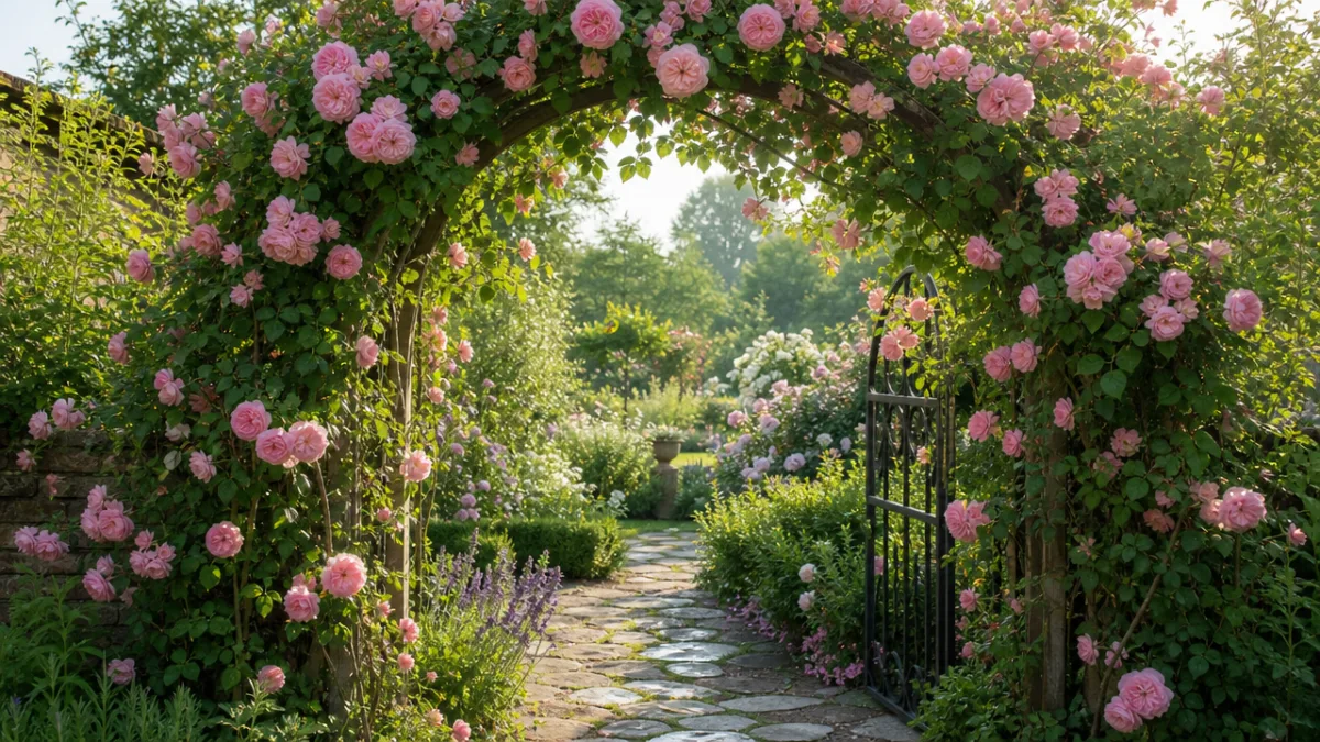 a lush garden archway covered in pink climbing roses and green foliage,…