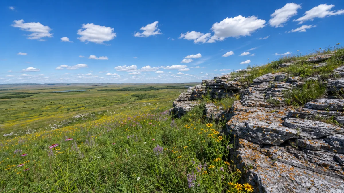 a wide-angle prairie landscape with wildflowers and rocky limestone outcrops under bright…