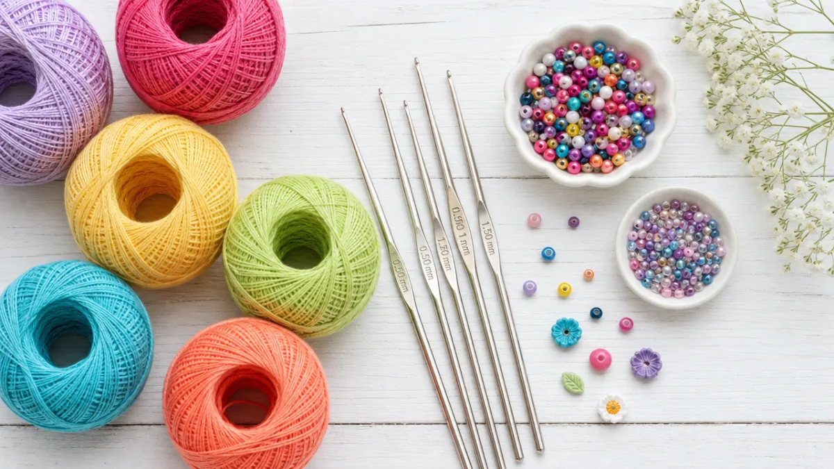 a flat lay of colorful cotton threads, steel crochet hooks, and small…