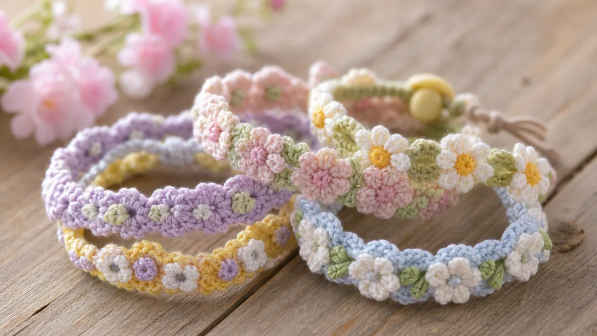 close-up of delicate crocheted spring bracelets in pastel colors arranged on a…