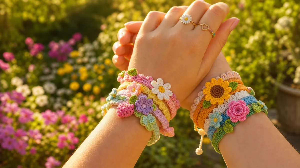hands wearing multiple colorful crocheted spring bracelets outdoors in a garden setting,…