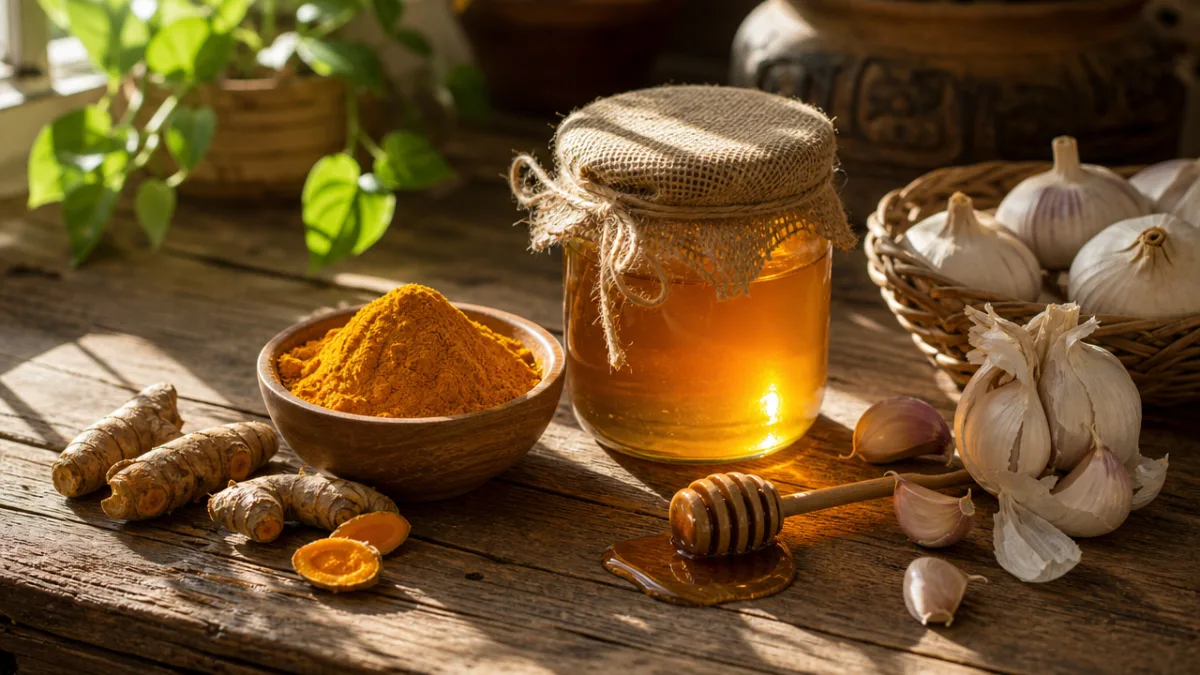 a rustic wooden table with fresh garlic cloves, turmeric powder, raw honey…