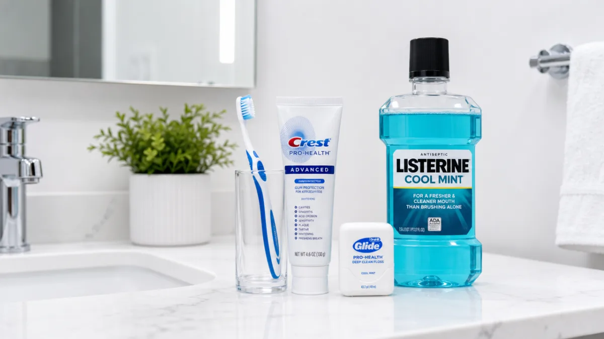 a clean modern bathroom counter with a toothbrush, toothpaste, floss, and mouthwash,…