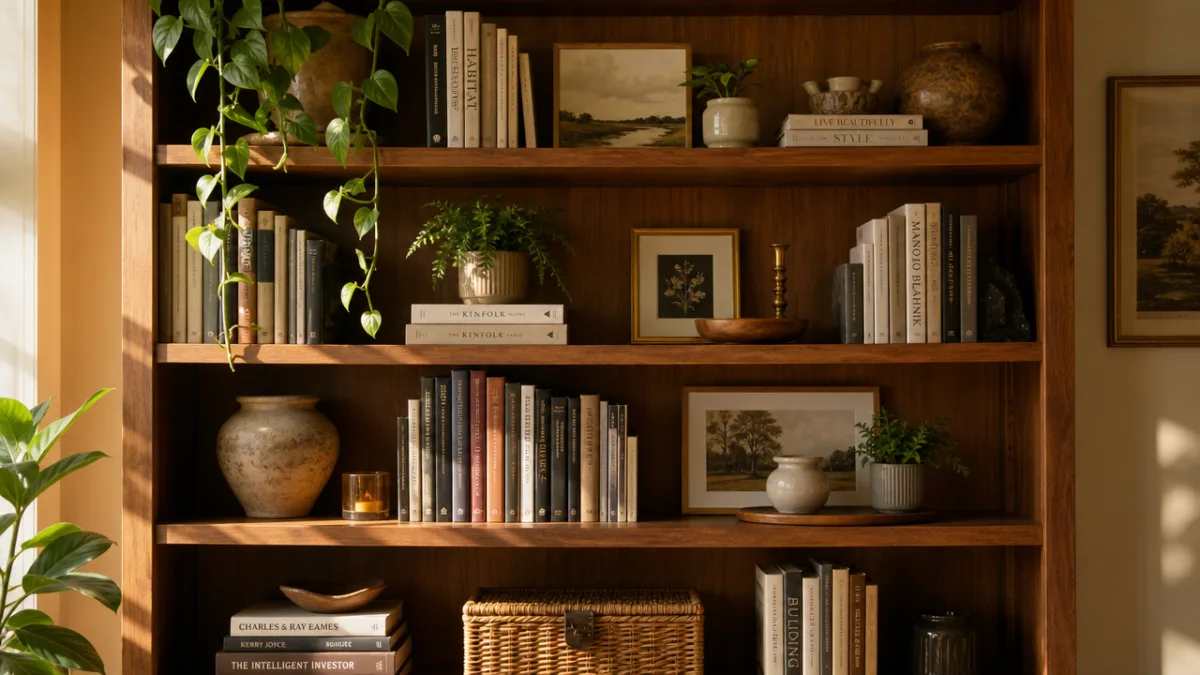 a beautifully styled wooden bookshelf with books, plants and decorative objects, warm…