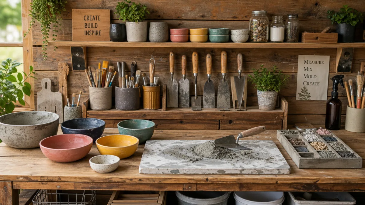 an organized rustic wooden workbench with cement tools, colorful bowls, and craft…