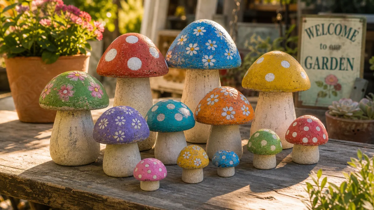 a collection of colorful hand-painted cement mushrooms in various sizes on a…