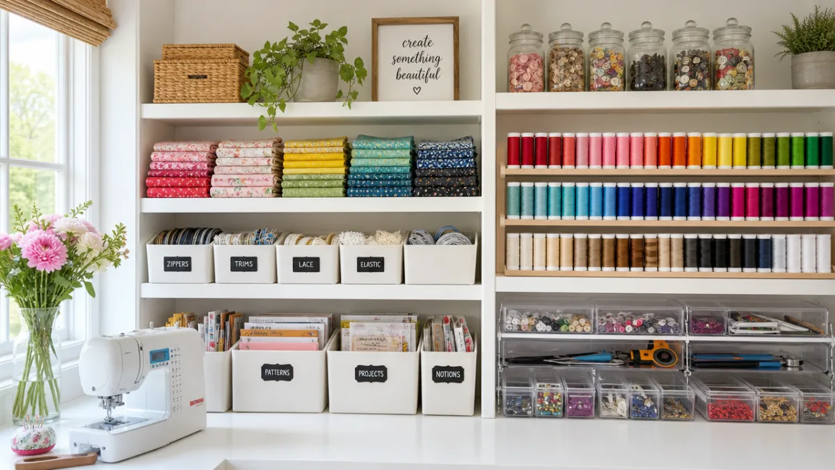 neatly organized sewing notions on white shelves with labeled bins and colorful…