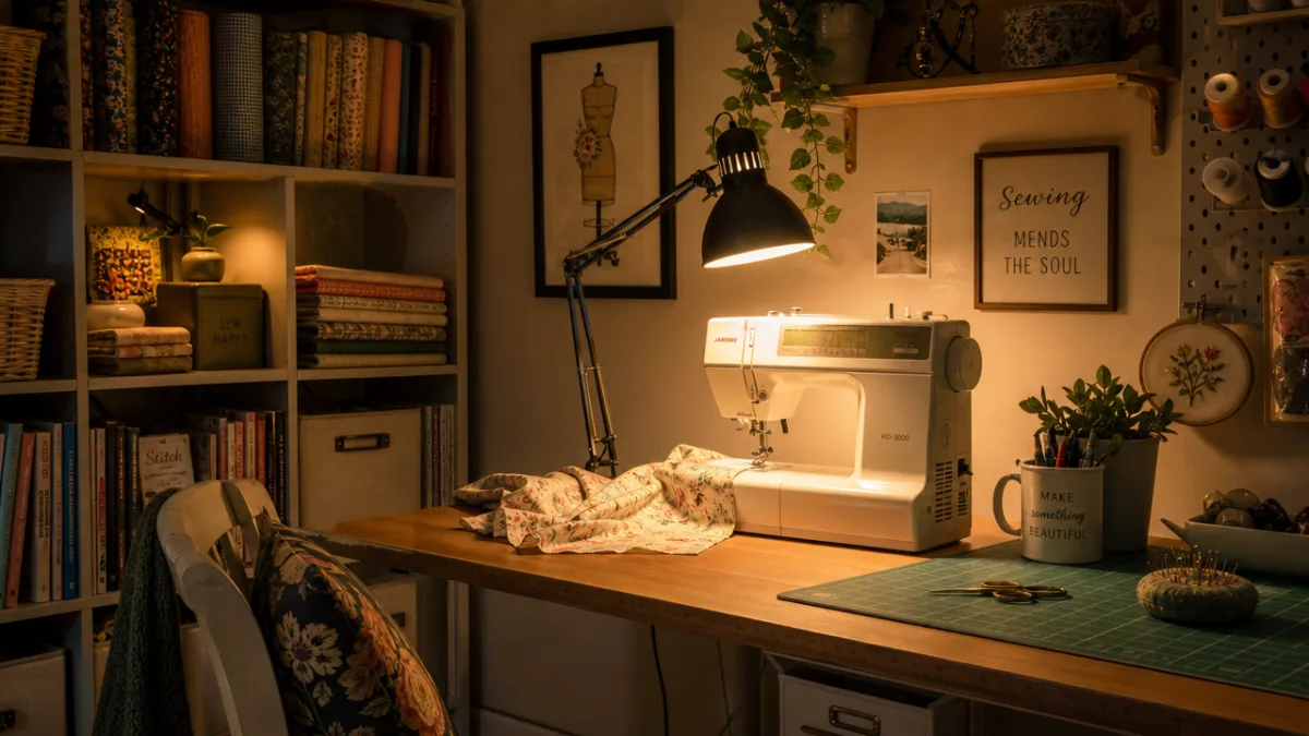 a cozy small sewing studio corner with warm task lighting glowing over…
