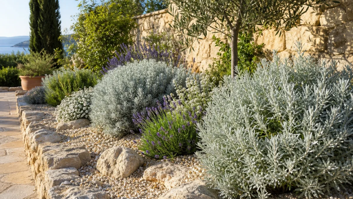 a sunny Mediterranean-style garden border featuring silver-leafed shrubs among gravel and stone,…