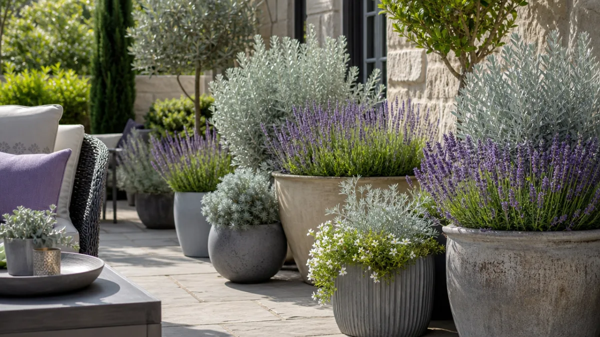 a stylish patio container garden with silver-foliage shrubs and lavender, bright summer…