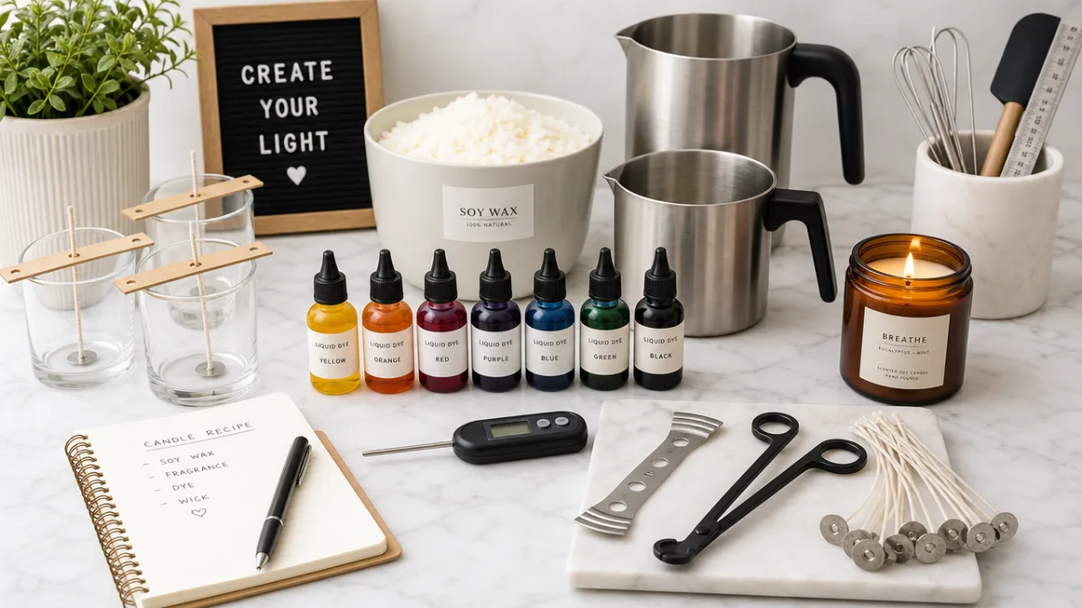 a neatly arranged candle-making workspace with liquid dye bottles, pouring pots, and…