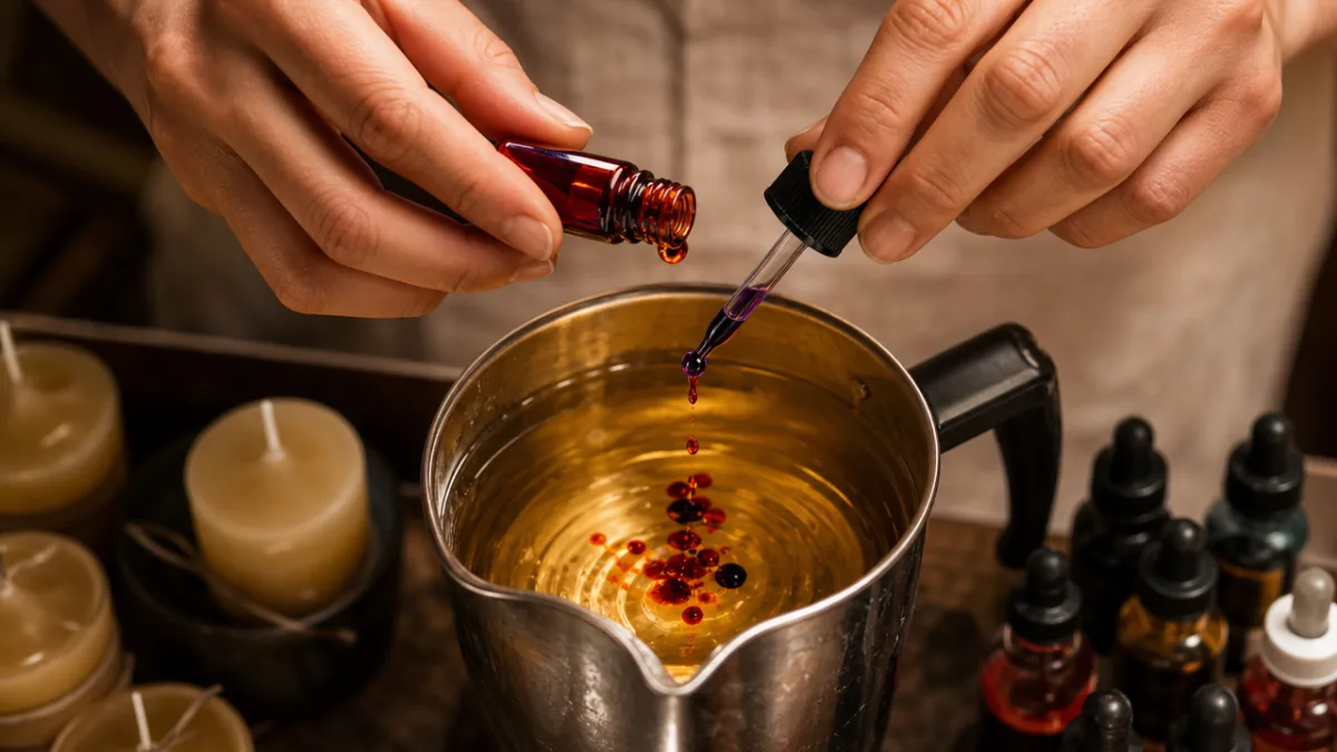 hands carefully adding drops of vibrant liquid dye into a pouring pot…