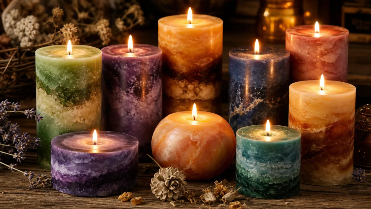 a collection of finished handmade candles in rich blended colours displayed on…