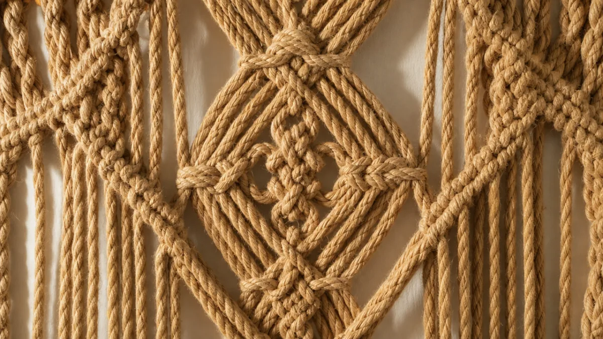 a close-up of natural rope woven in intricate patterns on a white…