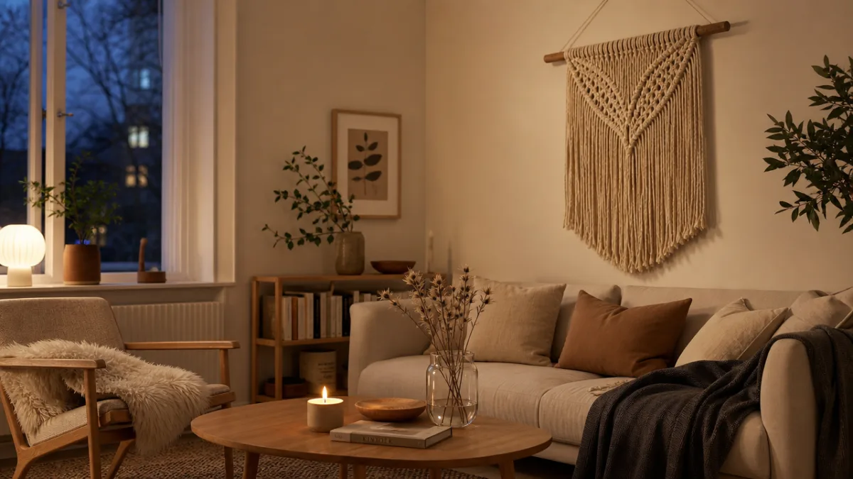 a cozy Scandinavian living room with a handmade rope wall hanging, soft…