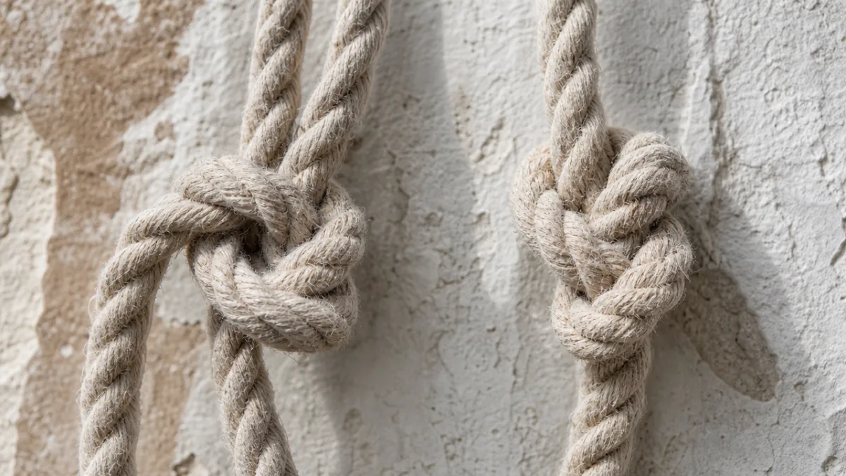 detailed macro shot of natural cotton rope knots on a textured wall,…