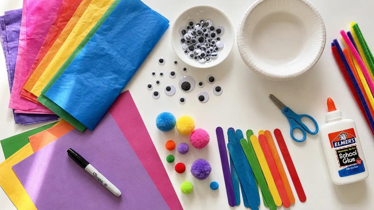 a flat lay of colorful craft supplies including tissue paper, googly eyes,…