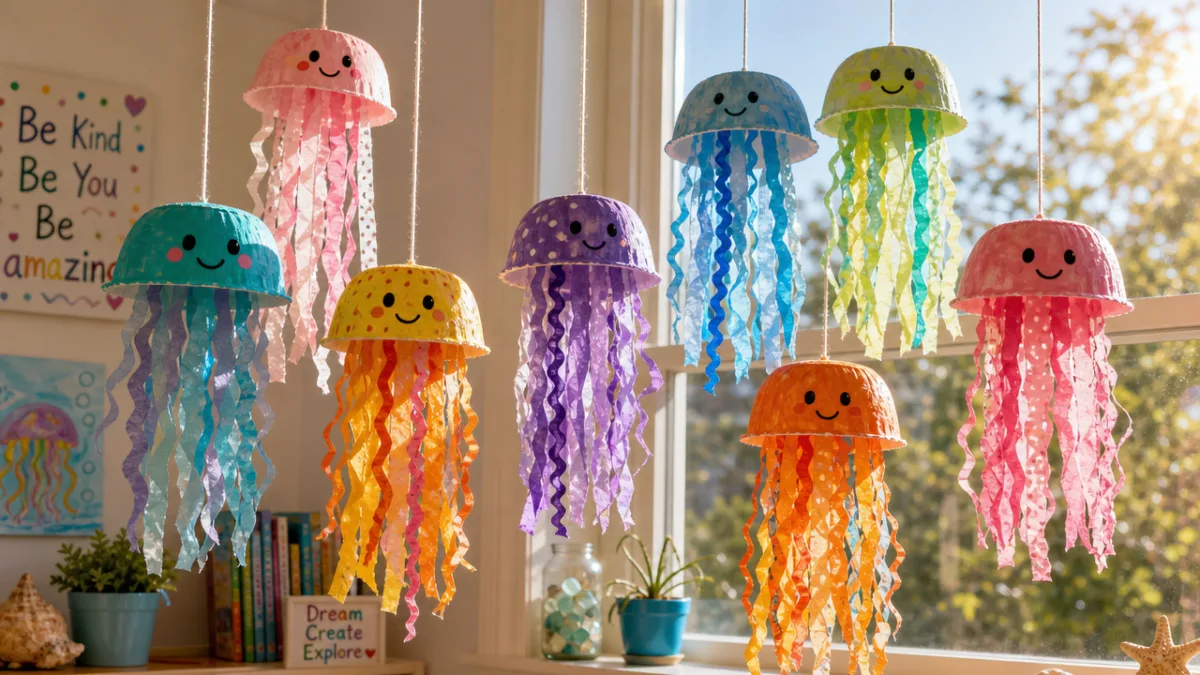 a cheerful display of colorful handmade paper bowl jellyfish hanging near a…