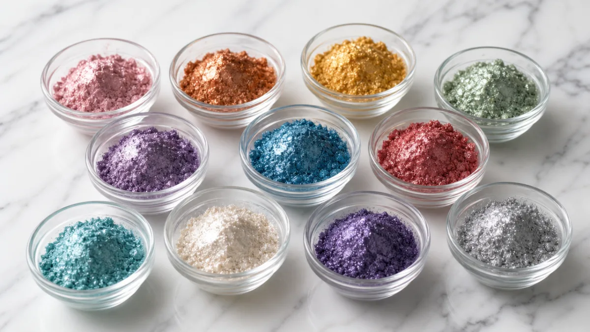 an assortment of colorful mica powder in small glass bowls, soft natural…