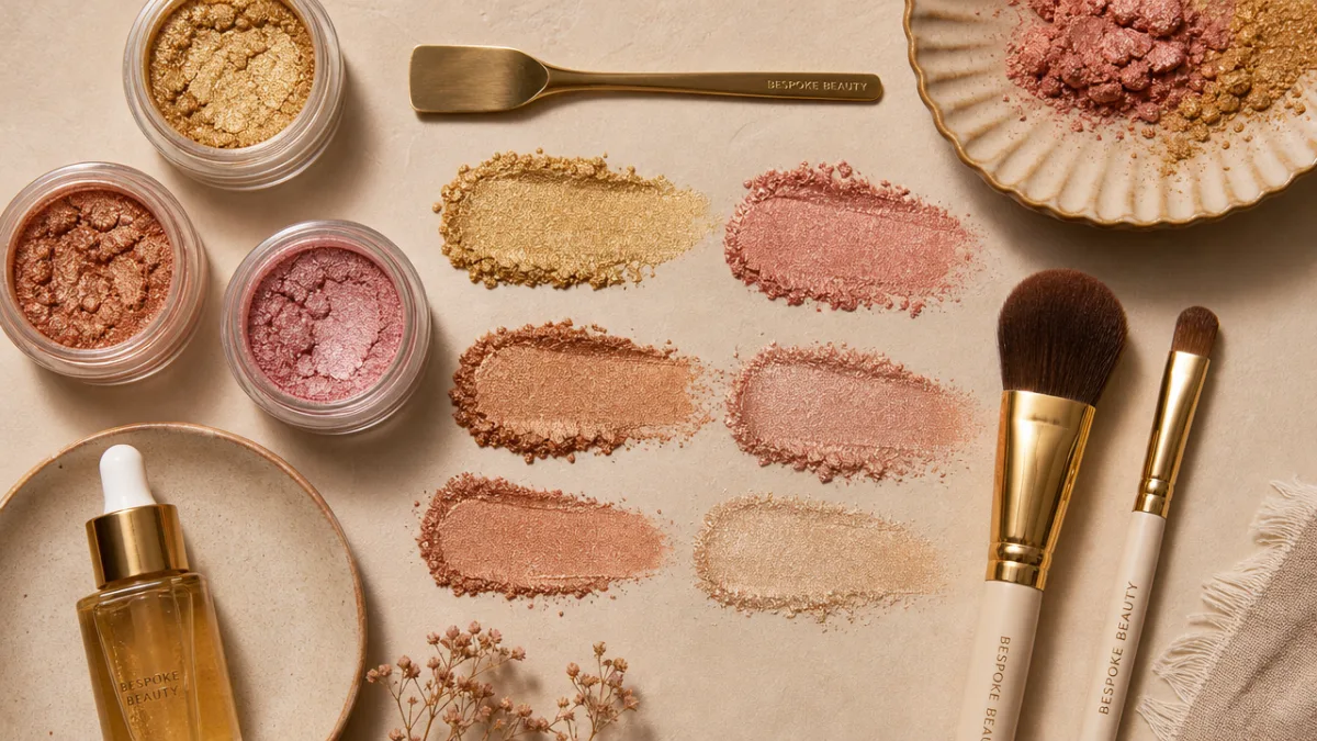 a flat lay of cosmetic tools and mica powder swatches in gold…