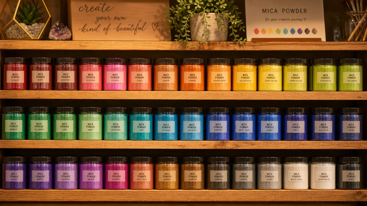 organized rows of mica powder jars in rainbow order on a wooden…