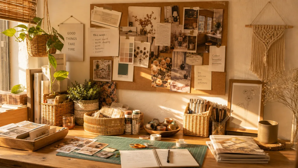 a cozy craft workspace with budget decor supplies, mood boards pinned to…