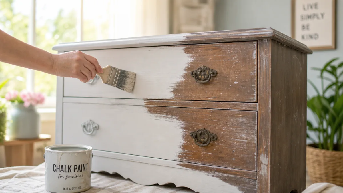 a weathered wooden dresser being transformed with chalk paint, natural light streaming…