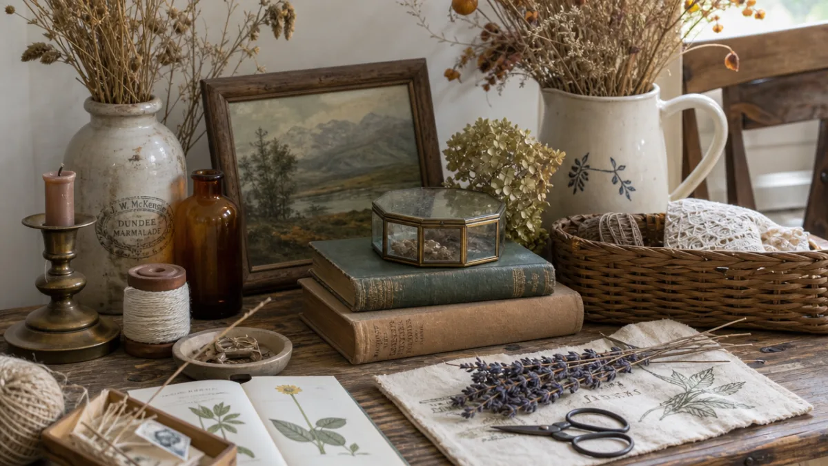 an arrangement of thrifted decor items, dried botanicals, and craft supplies on…