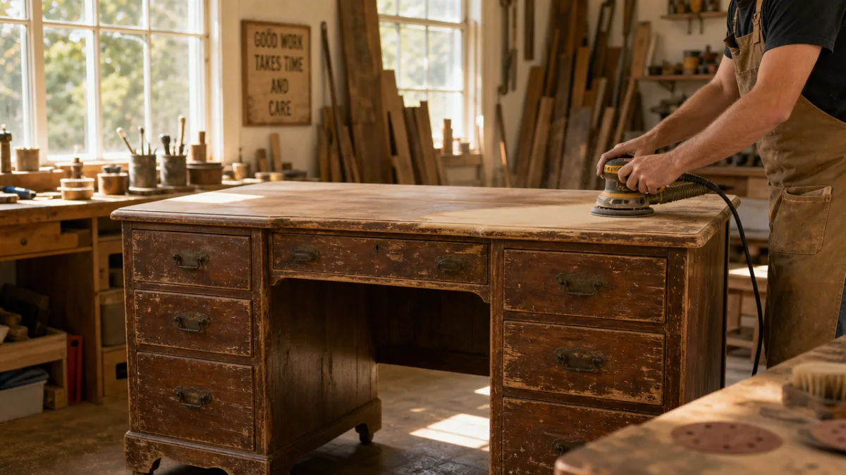 a worn vintage wooden desk being sanded in a well-lit workshop, warm…