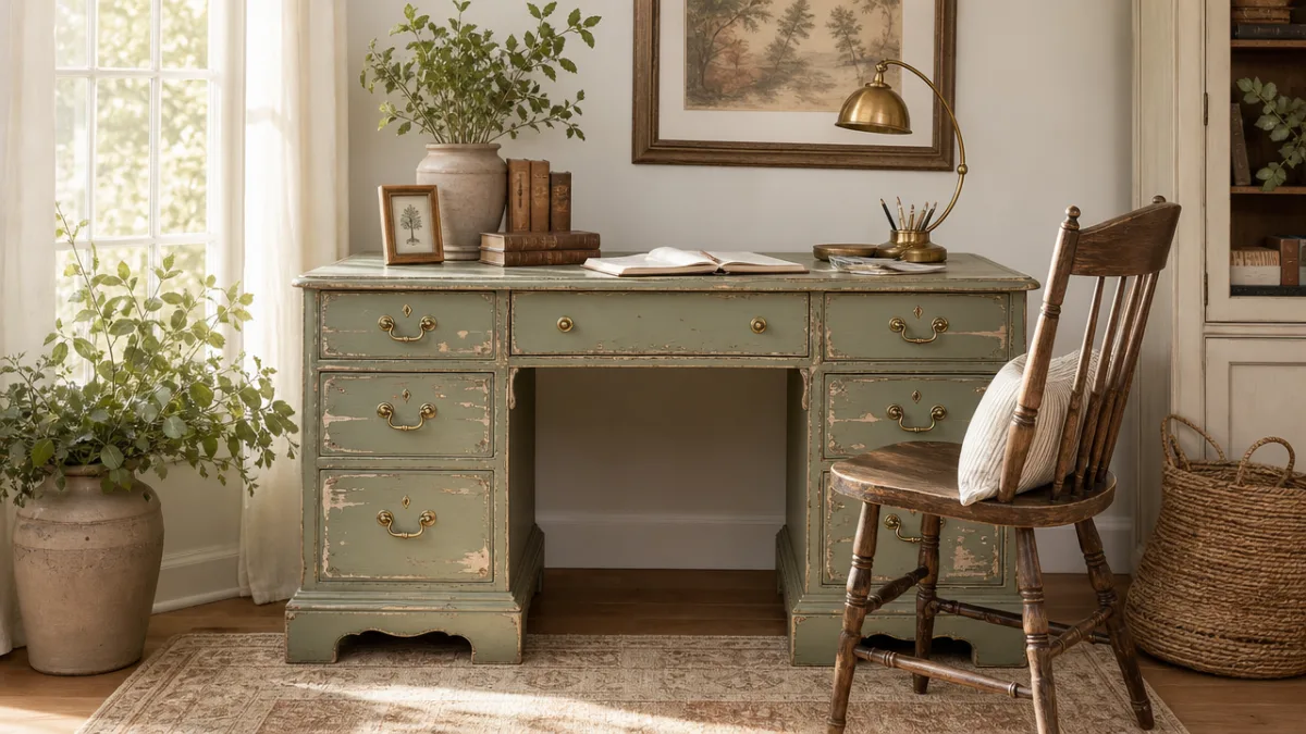 a beautifully distressed vintage desk with sage green paint and gold hardware,…