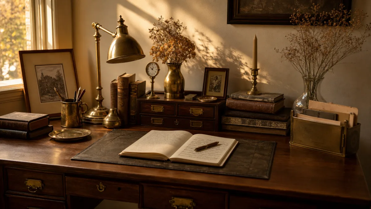 a finished vintage desk styled with brass accessories and dried flowers, warm…