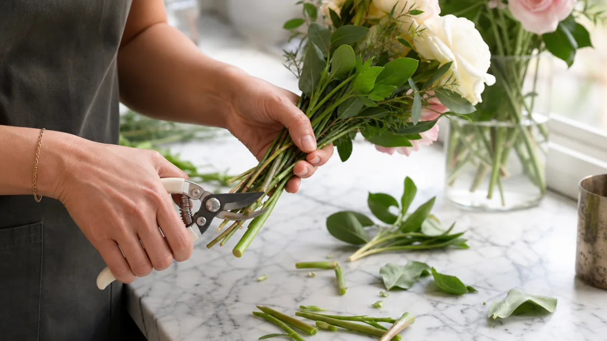 a close-up of hands carefully trimming fresh flower stems over a marble…