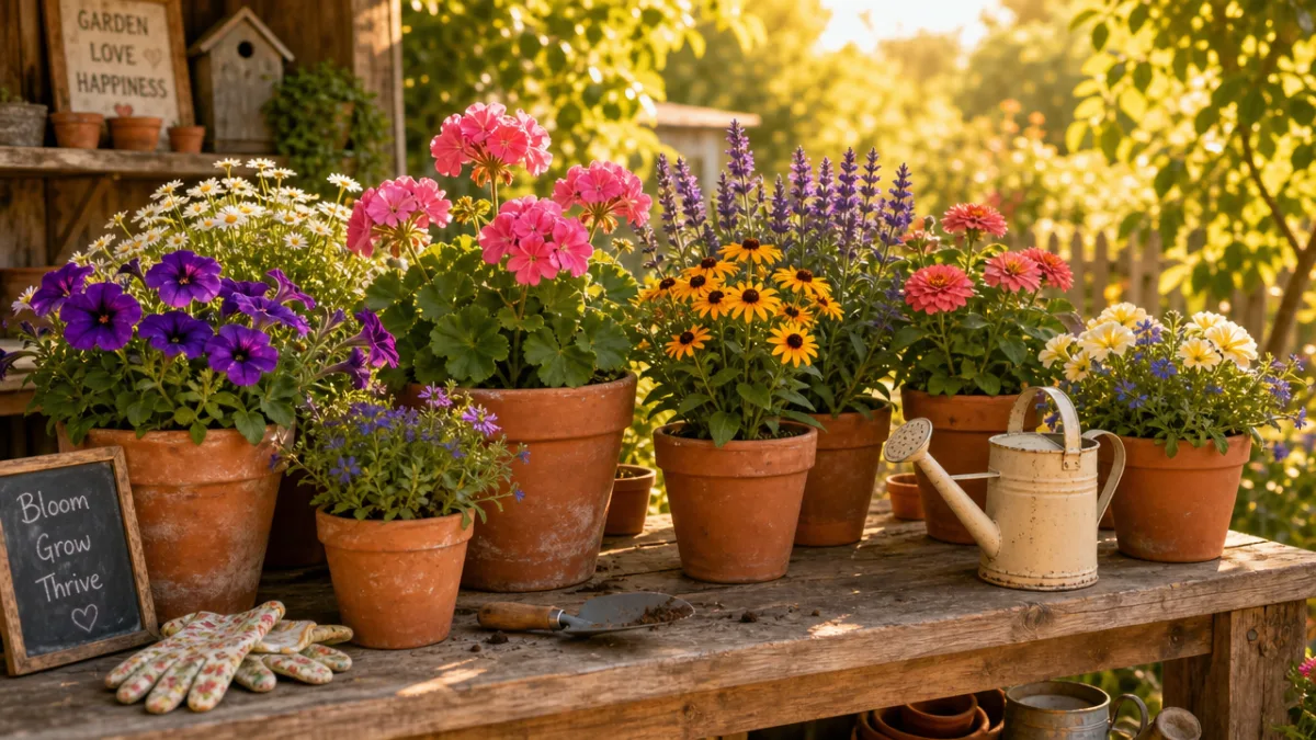 an arrangement of colorful garden flowers in terracotta pots on a sun-drenched…