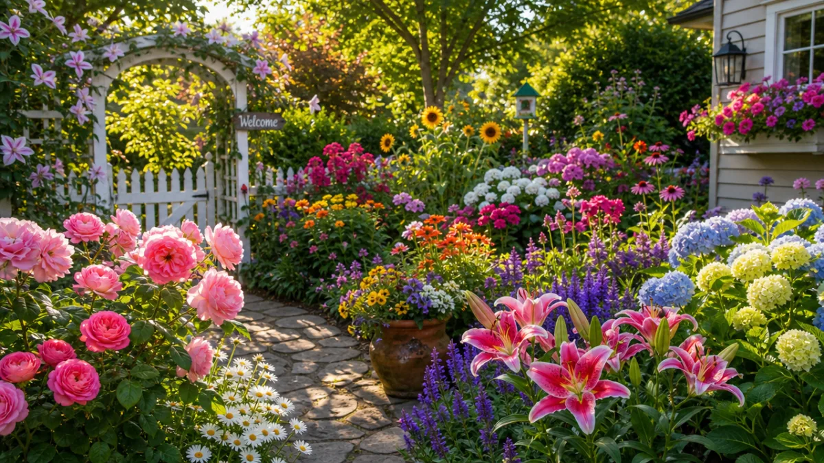 a lush home garden with vibrant mixed flowers in full bloom, bright…