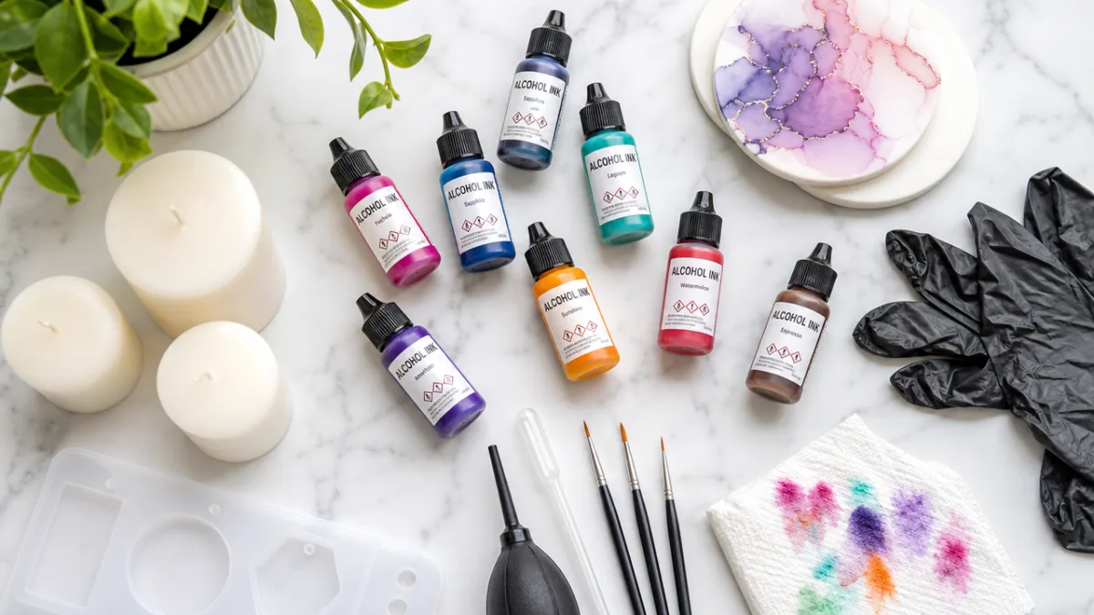 a flat lay of colorful alcohol ink bottles, white pillar candles, and…