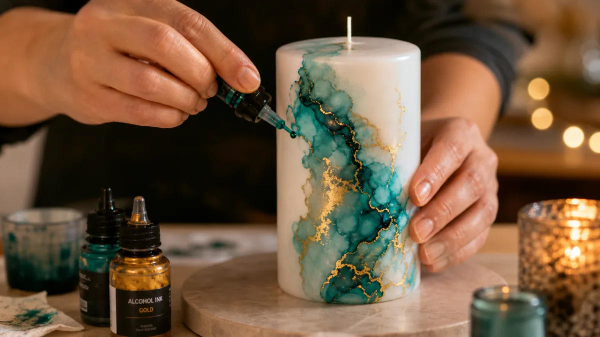 hands carefully applying vibrant teal and gold alcohol ink to a white…