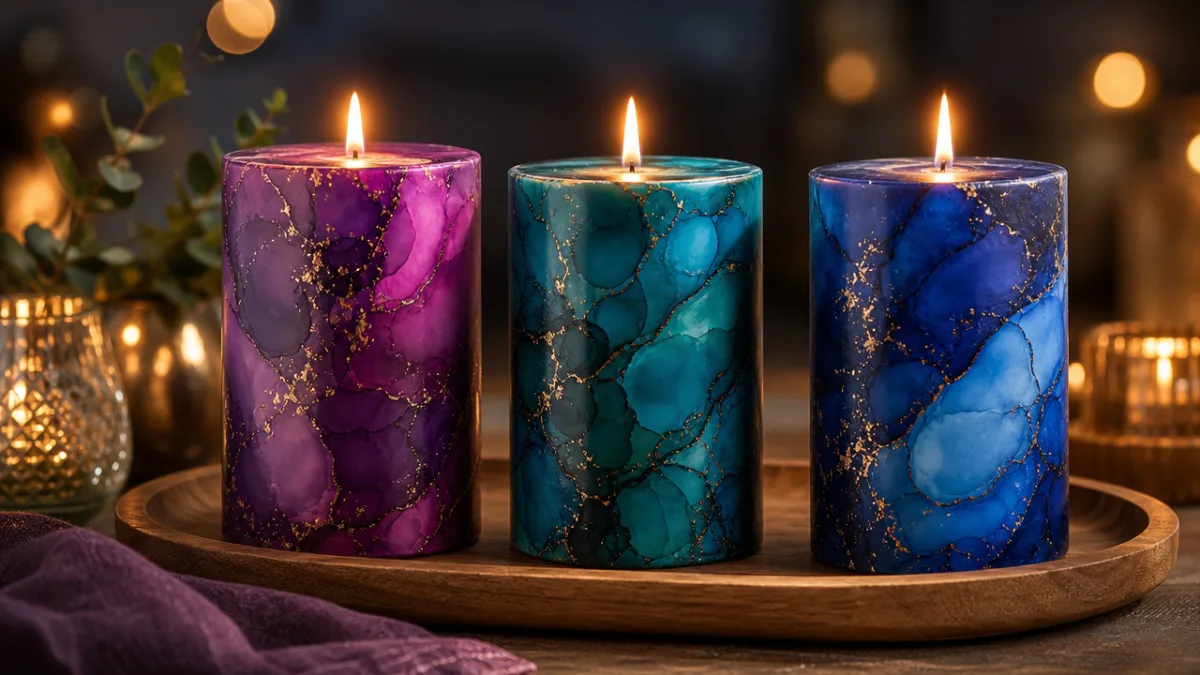 three finished alcohol ink pillar candles in jewel tones displayed on a…