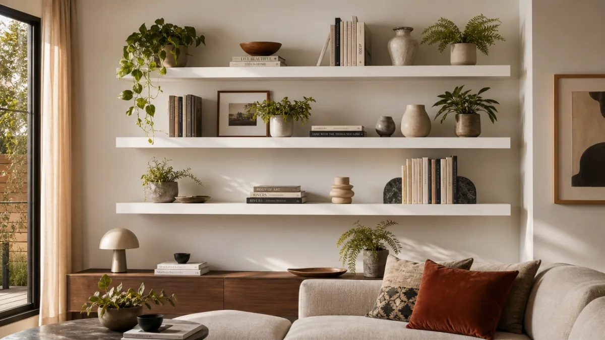 a modern living room wall with three white floating shelves displaying books,…