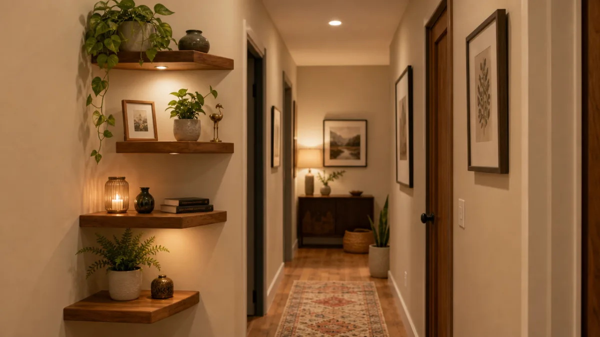 a cozy hallway with staggered wooden corner shelves displaying plants and small…