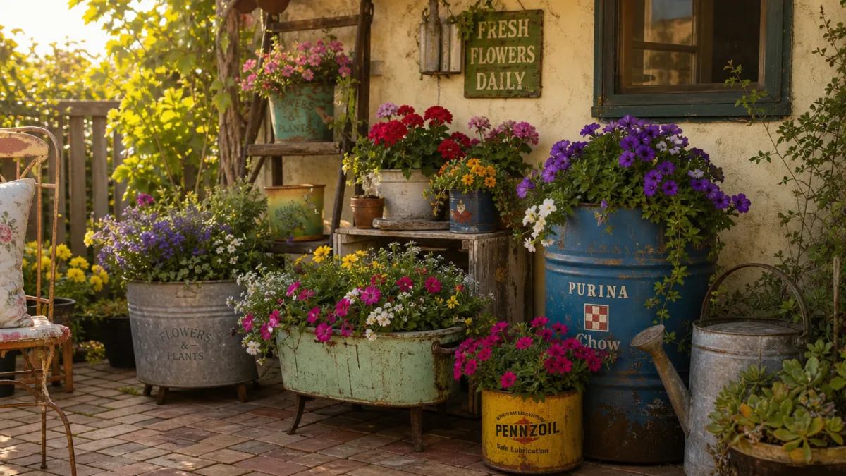 a rustic patio corner filled with mismatched recycled planters overflowing with colorful…