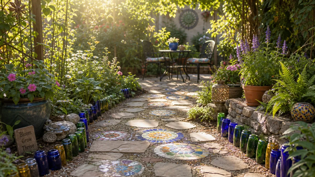 a sun-dappled garden patio with colorful mosaic stepping stones and glass bottle…
