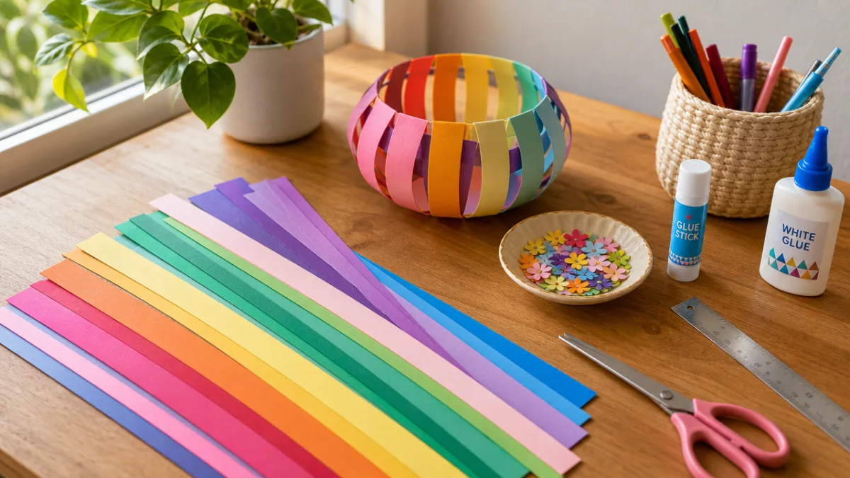 colorful paper strips and craft tools arranged neatly on a wooden table,…