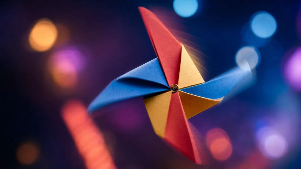 a paper spinner mid-flight against a soft bokeh background, dramatic studio lighting…