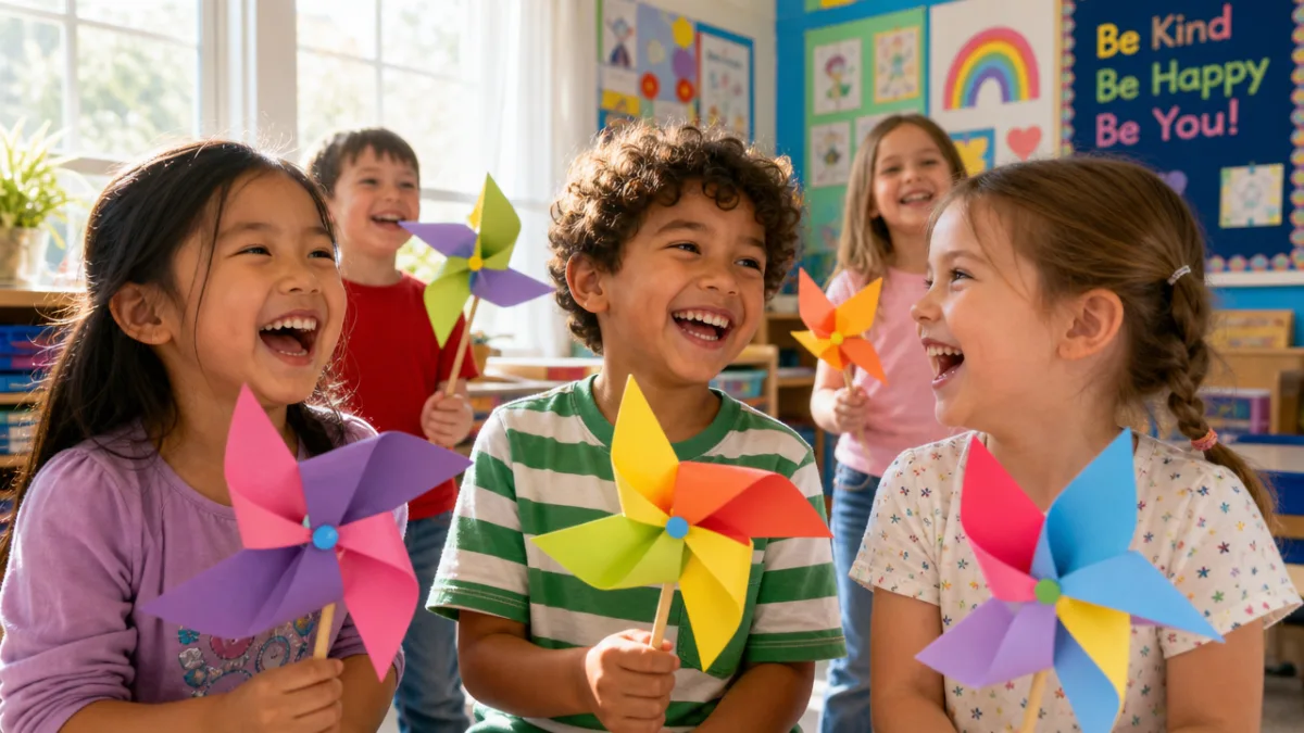 children laughing and holding colorful paper spinners in a bright sunlit classroom,…